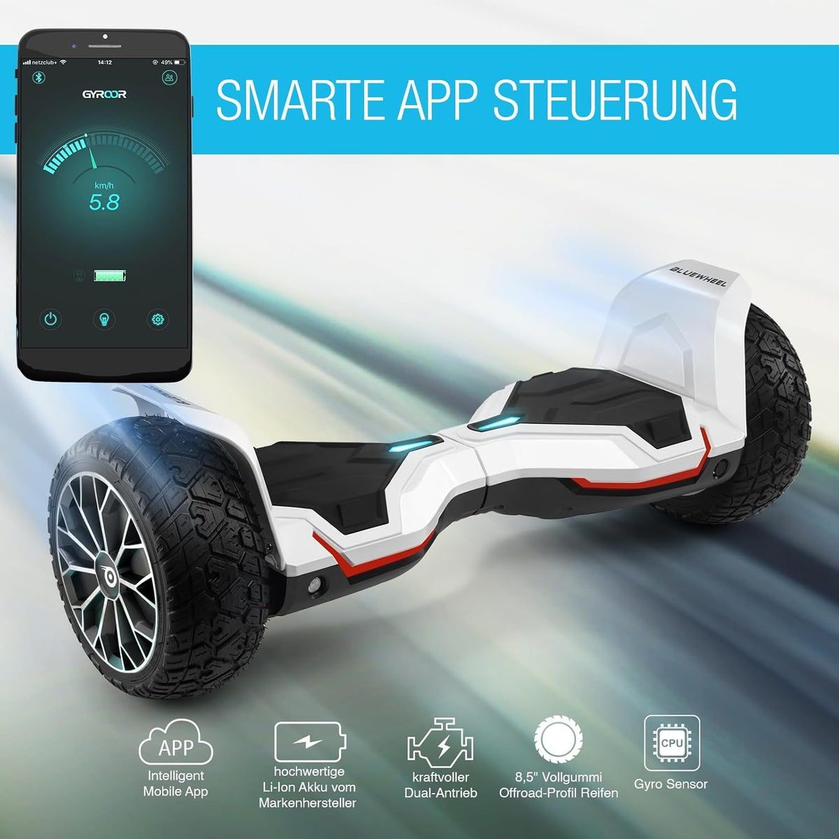 Hoverboard todoterreno premium de 8.5" Bluewheel HX510 SUV, marca de calidad alemana - Modo de seguridad para niños y aplicación - Bluetooth - Potente motor dual - Patinete eléctrico autoequilibrado