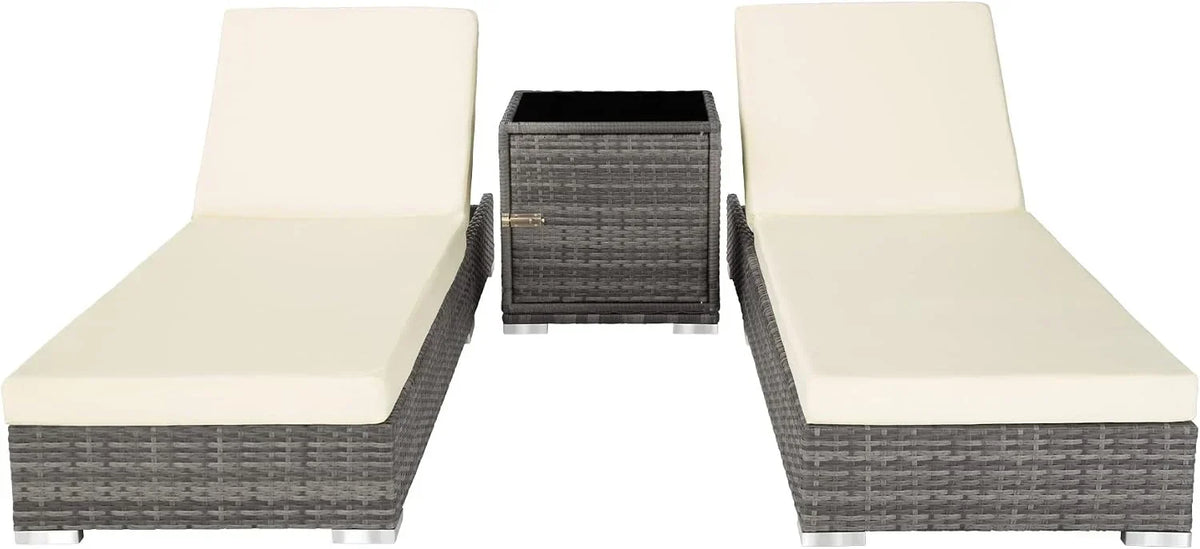 Set de 2 tumbonas con mesa 403088 de aluminio y ratán sintético, ajustables en 5 posiciones, incl. funda protectora, gris