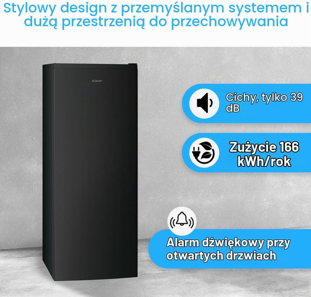 Zamrażarka Bomann 161L czarna GS7343 - Total No Frost, system MultiAirflow, 3 szuflady, sterowanie elektroniczne, super zamrażanie, 39 dB, odwracalne, 220-240V