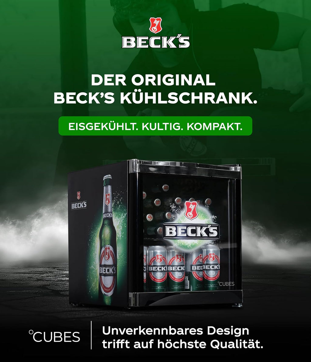 Mininevera para bebidas CUBES BECK’S de 48 l (negro/verde) – Refrigerador compacto para botellas con puerta de cristal y sentido de apertura reversible – Silencioso y eficiente energéticamente – Bar, cocina y gaming – Enfriador de bebidas