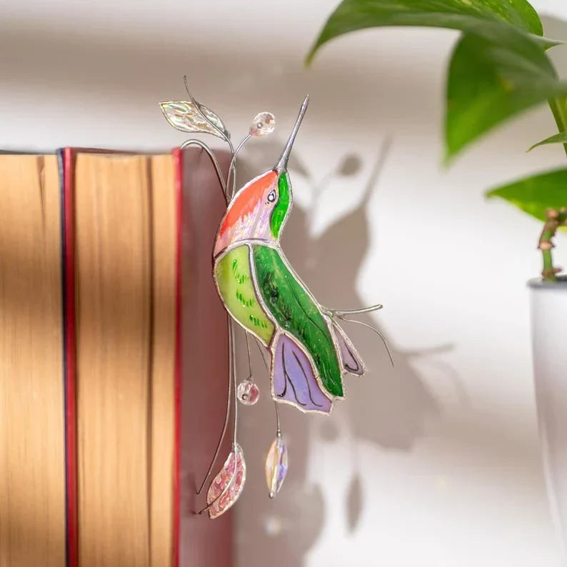 Estaca decorativa de colibrí de vidrio hecho a mano con cristales, 4 x 6.5 pulgadas, decoración de jardín