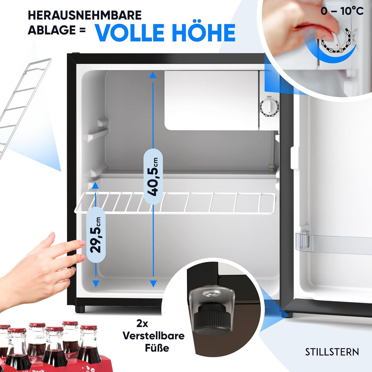 Mininevera Stillstern E 45L con descongelación automática, cerradura, compartimento de congelación, silenciosa, ideal para cocina, oficina, dormitorio, hoteles y apartamentos pequeños, frigorífico pequeño, minibar, nevera para bebidas