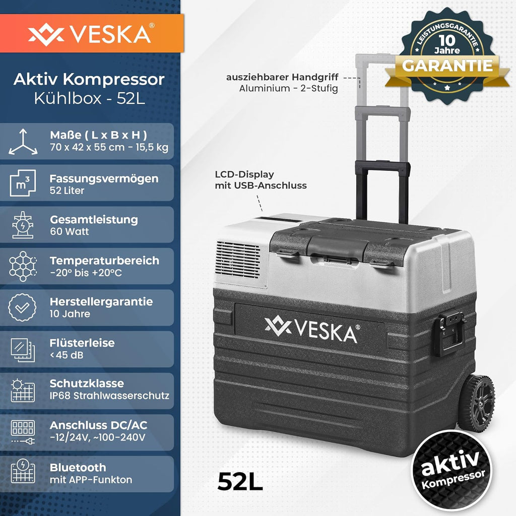 Nevera portátil de compresor, congelador con control por APP, puerto USB, 12/24V, 230V, ruedas, refrigerador transportable, arcón frigorífico, caja congeladora hasta -20 °C para coche, camión, barco (52L - antracita)