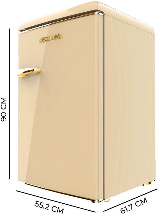 Mini frigorífico retro Cecotec Bolero CoolMarket TT Origin 110 Beige E. Mini frigorífico retro con capacidad de 110L, Clase E, compartimento congelador, luz LED interior, tirador cromado, bandejas de cristal.
