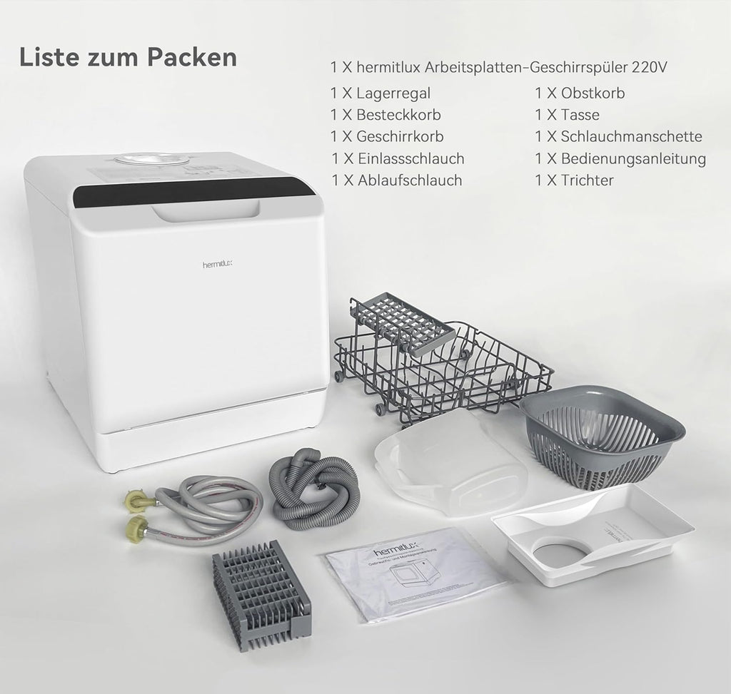 Mini lavavajillas Hermitlux, lavavajillas para 4 servicios, depósito de agua de 5 litros, 6 programas, minilavavajillas de sobremesa, perfecto para apartamentos, dormitorios, camping, blanco