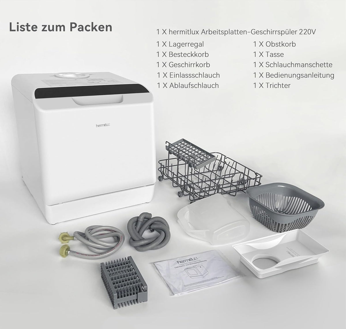 Mini lavavajillas Hermitlux, lavavajillas para 4 servicios, depósito de agua de 5 litros, 6 programas, minilavavajillas de sobremesa, perfecto para apartamentos, dormitorios, camping, blanco
