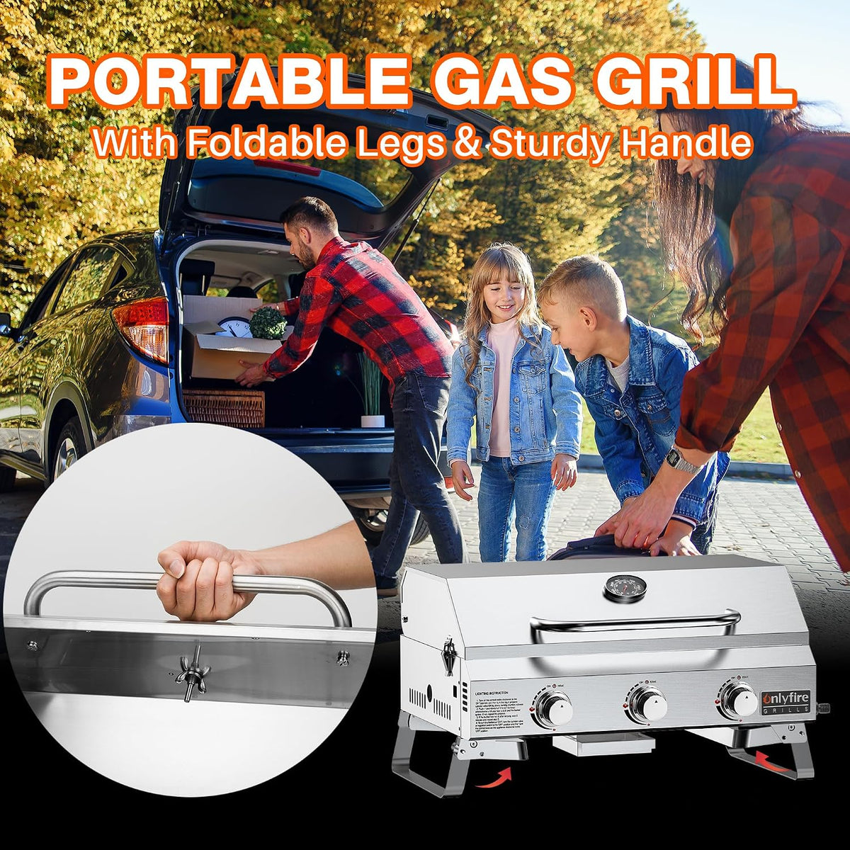 Onlyfire Parrilla de gas portátil de 3 quemadores | Parrilla de mesa con rejilla | 7 kW | Superficie de cocción 56,5 × 34 cm | con termómetro, tapa | Patas plegables | Parrilla de camping para terraza, balcón y jardín
