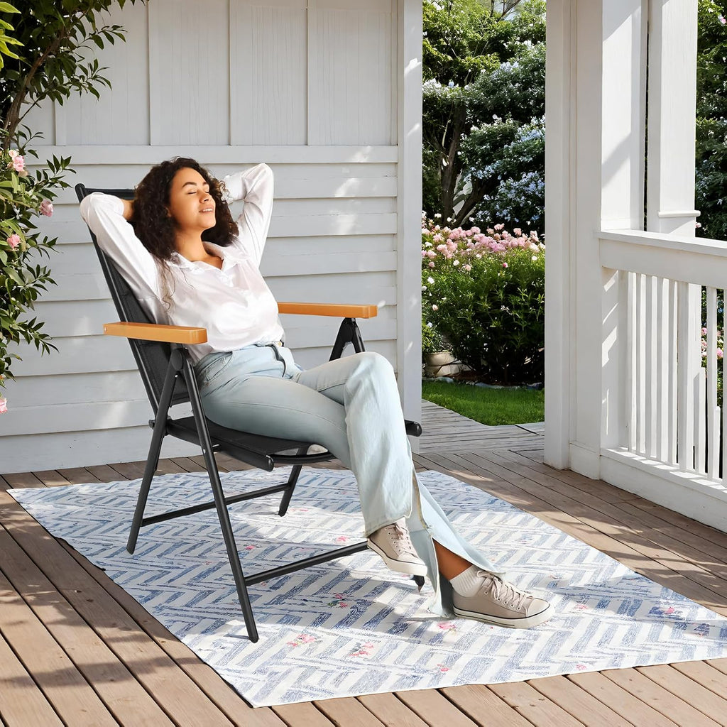 LIFERUN Silla de jardín plegable con respaldo alto, juego de 2 sillas de aluminio para balcón, reposabrazos de WPC, con respaldo y asiento acolchados, ajustable en 7 posiciones, hasta 120 kg, silla de comedor para exteriores, negro, 2 unidades