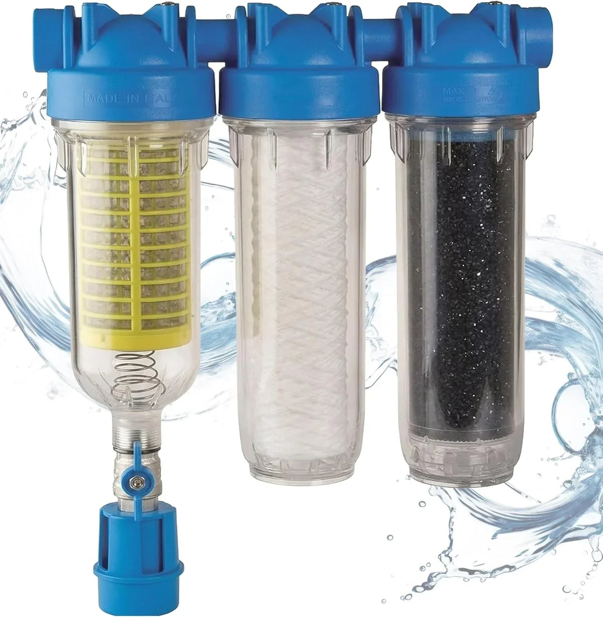 Carcasa de filtro de agua HYDRA Rainmaster TRIO RLH LA 1 pulgada con prefiltro, filtro de carbón activo y filtro de bobinado para agua de lluvia