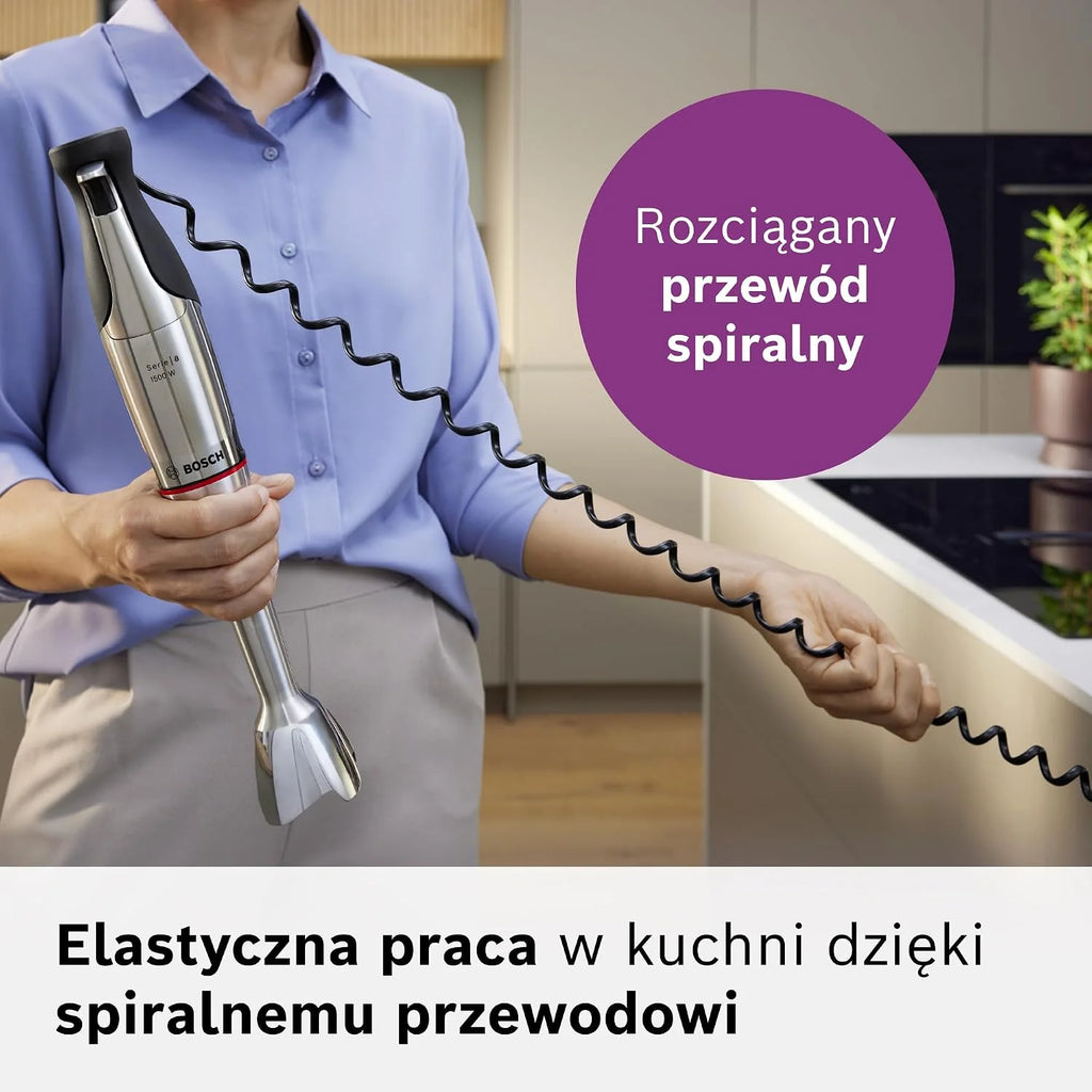 Bosch, blender ręczny, ErgoMaster Serie 8, silnik 1500 W, intuicyjna regulacja prędkości, 6-ramienne ostrze, akcesoria w zestawie, stal nierdzewna, MSM8M930