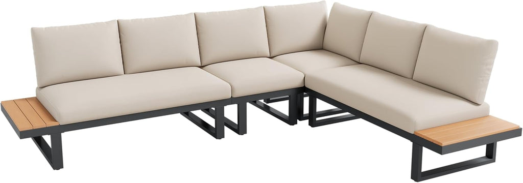 Set de muebles de jardín, posición en esquina, con función de inclinación ajustable (5 niveles, hasta 55°), tubo de acero galvanizado, tablero de mesa de madera plástica, con dos mesas de centro, beige + gris