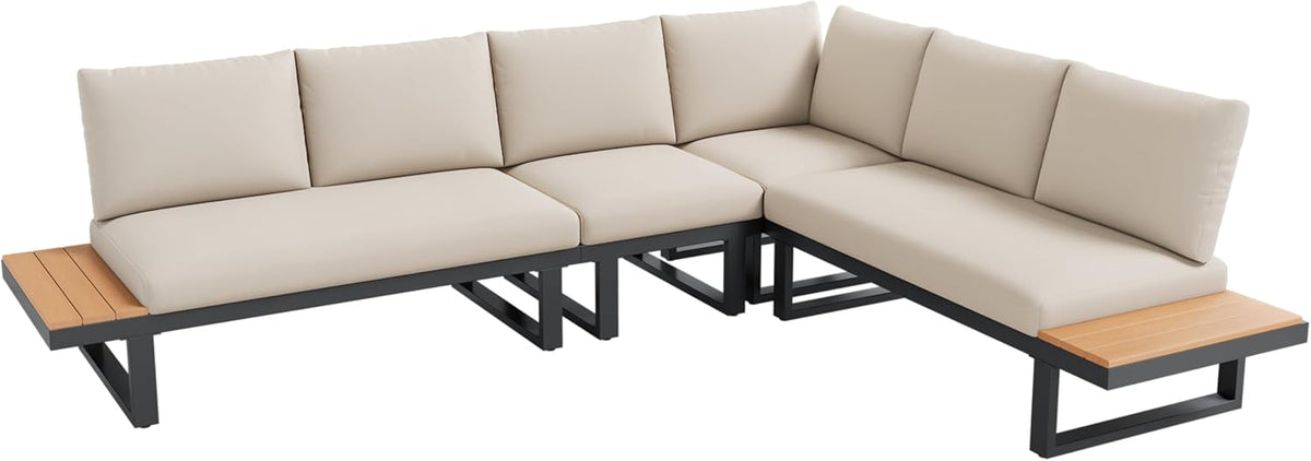 Set de muebles de jardín, posición en esquina, con función de inclinación ajustable (5 niveles, hasta 55°), tubo de acero galvanizado, tablero de mesa de madera plástica, con dos mesas de centro, beige + gris
