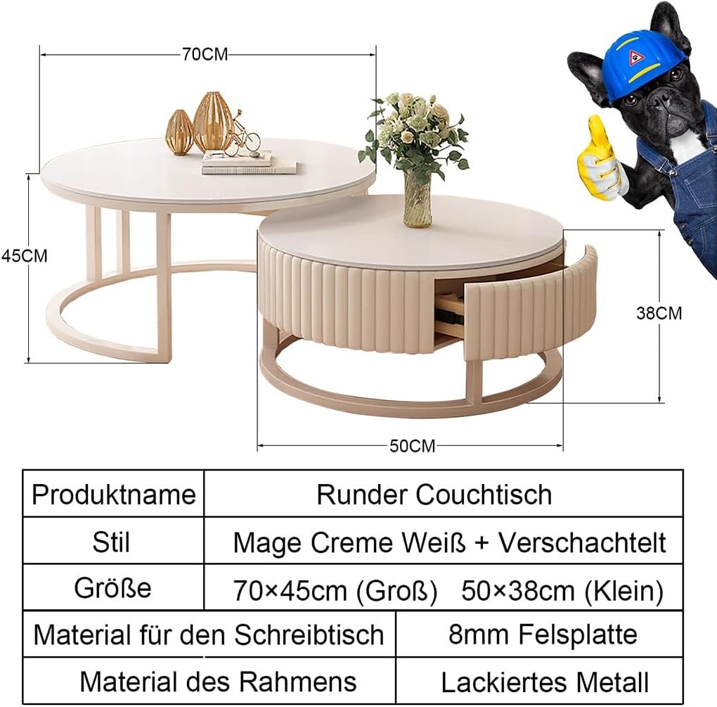 Mesa de centro redonda blanca, juego de 2 mesas nido para sala de estar, mesa de café redonda para salón, balcón y oficina - 70cm+50cm