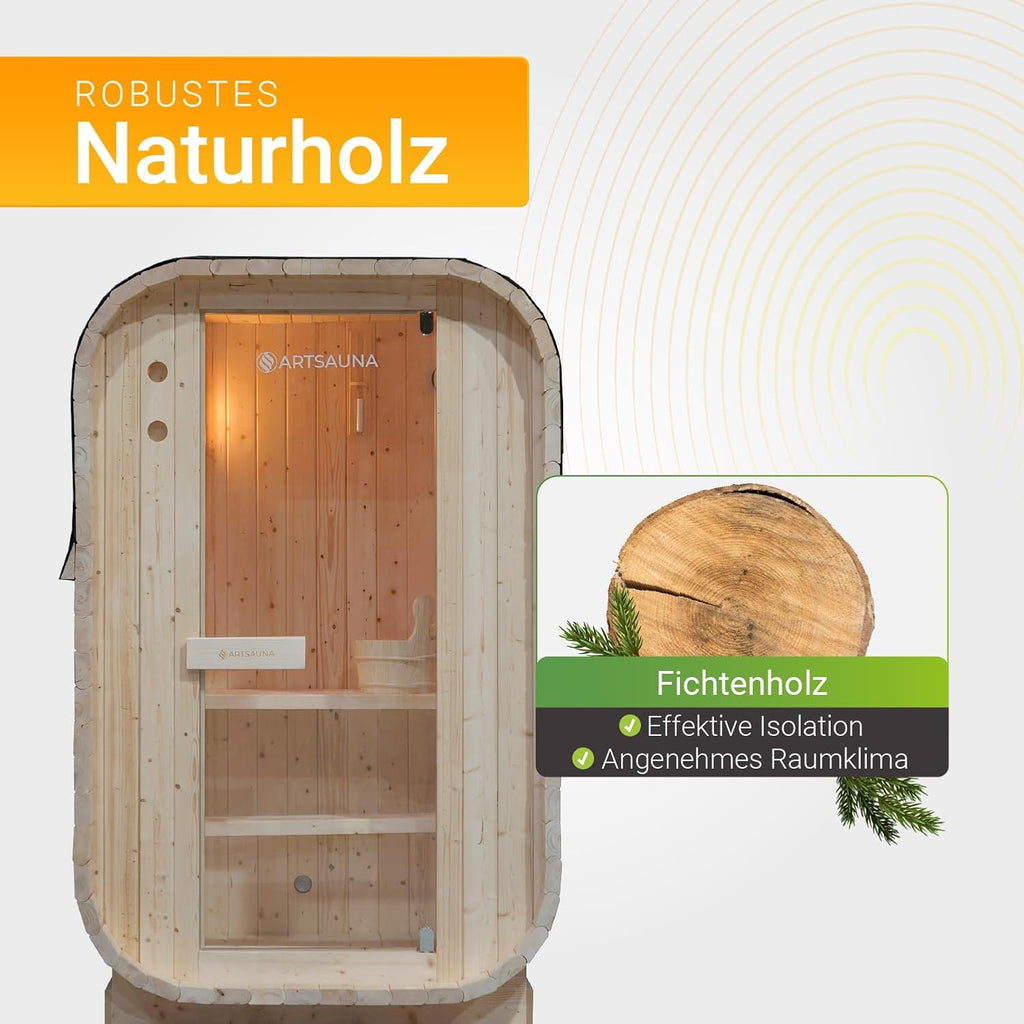 Sauna de barril Artsauna Nolvik S, sauna de exterior de madera de abeto, estufa de 3,6 kW, LED, set completo con reloj de arena, cubo y termómetro, resistente al invierno, diseño de cubo