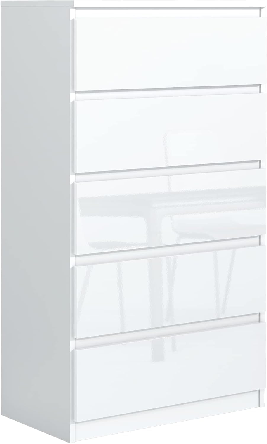 Meble Masztalerz Cómoda con frentes en blanco brillante y 5 cajones de 70 cm, aparador para salón y dormitorio, Al.: 124,5 cm, An.: 70 cm, Pr.: 39 cm - Cómoda con cajones - Cajonera