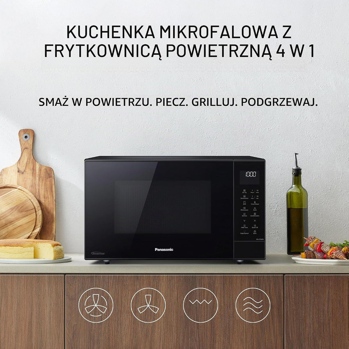 Panasonic NN-CT56RBEPG 27 l kuchenka mikrofalowa kombi 4 w 1 z Airfryer, inwerter 1000 W, 19 automatycznych programów, grill konwekcyjny, oszczędność miejsca, smukła konstrukcja, czarna