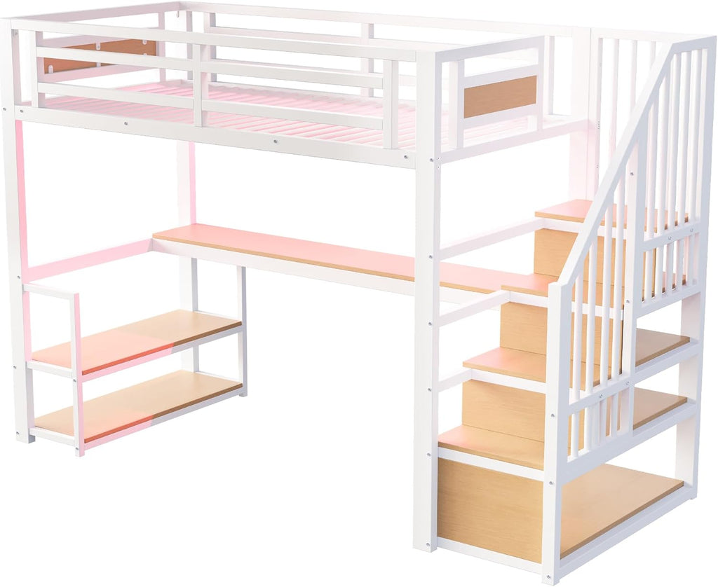 Cama alta de metal Kebnor con escalera de almacenamiento con estantes y mesa, diseño de valla de seguridad con tablones de metal empalmados, cama con estructura de hierro alta con marco de metal para mayor estabilidad (Blanco 90 * 200 cm)