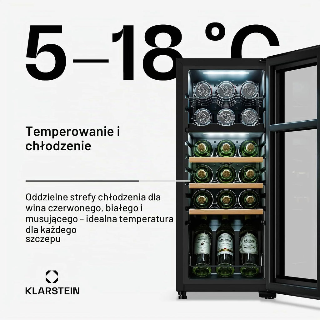 Klarstein Energooszczędna chłodziarka do wina na 18 butelek, wolnostojąca z 2 strefami chłodzenia - praktyczna lodówka na napoje i chłodziarka do wina do optymalnie schłodzonych napojów