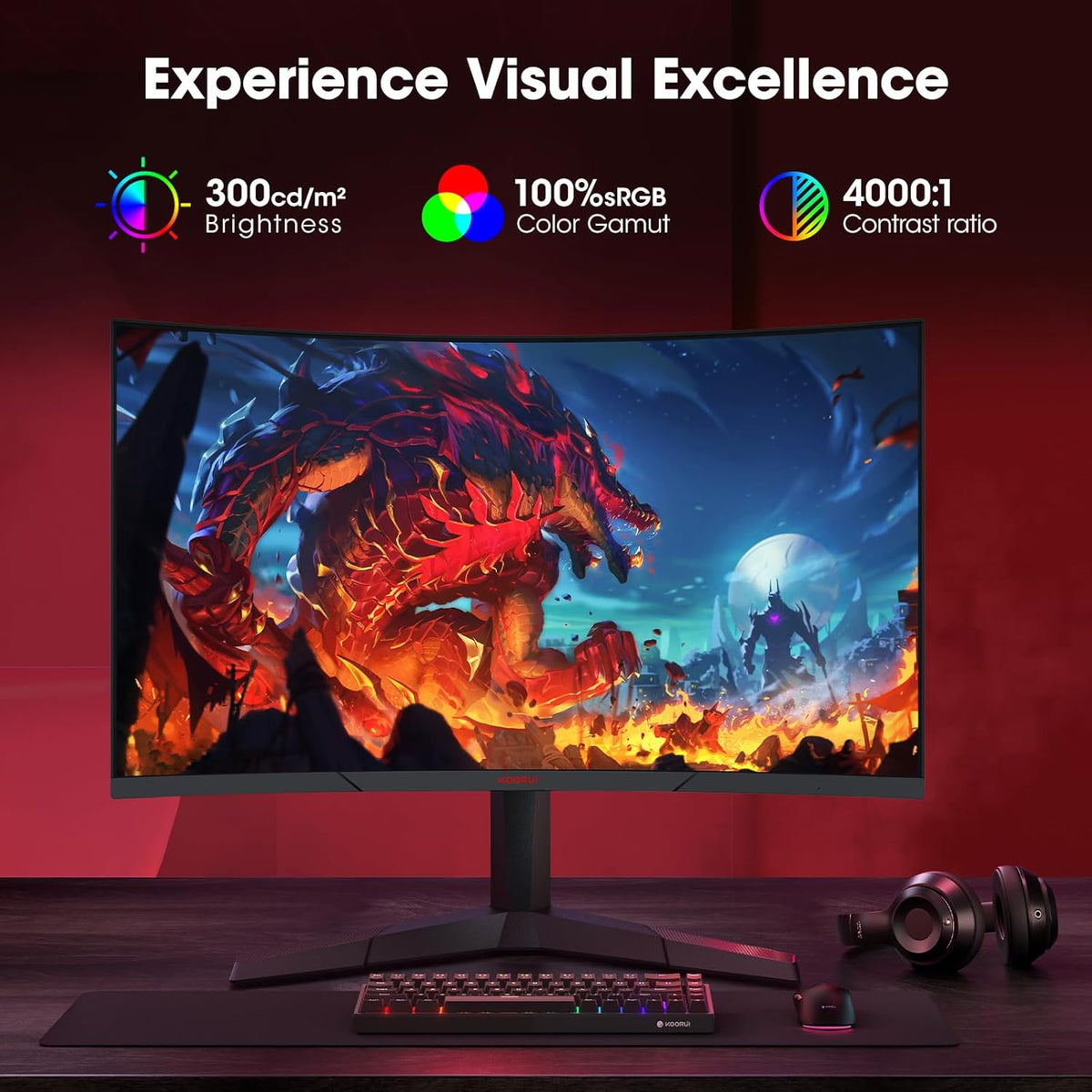 Monitor Gaming Curvo KOORUI de 27'', 1500R, Panel VA, Resolución QHD (2560x1440), 180Hz, 1ms, DCI-P3 85%, Bisel ultradelgado, Inclinación ajustable, Compatible con HDMI/DP