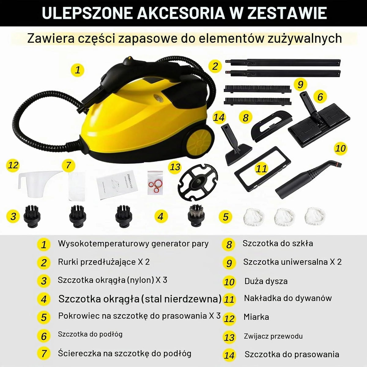 Myjka parowa 2000 W z 23 akcesoriami (w zestawie szczotki zapasowe), ciśnienie pary regulowane do 4 barów na uchwycie, zbiornik na wodę 1,5 l, nawijacz kabla i przegródka na akcesoria, do wszystkich