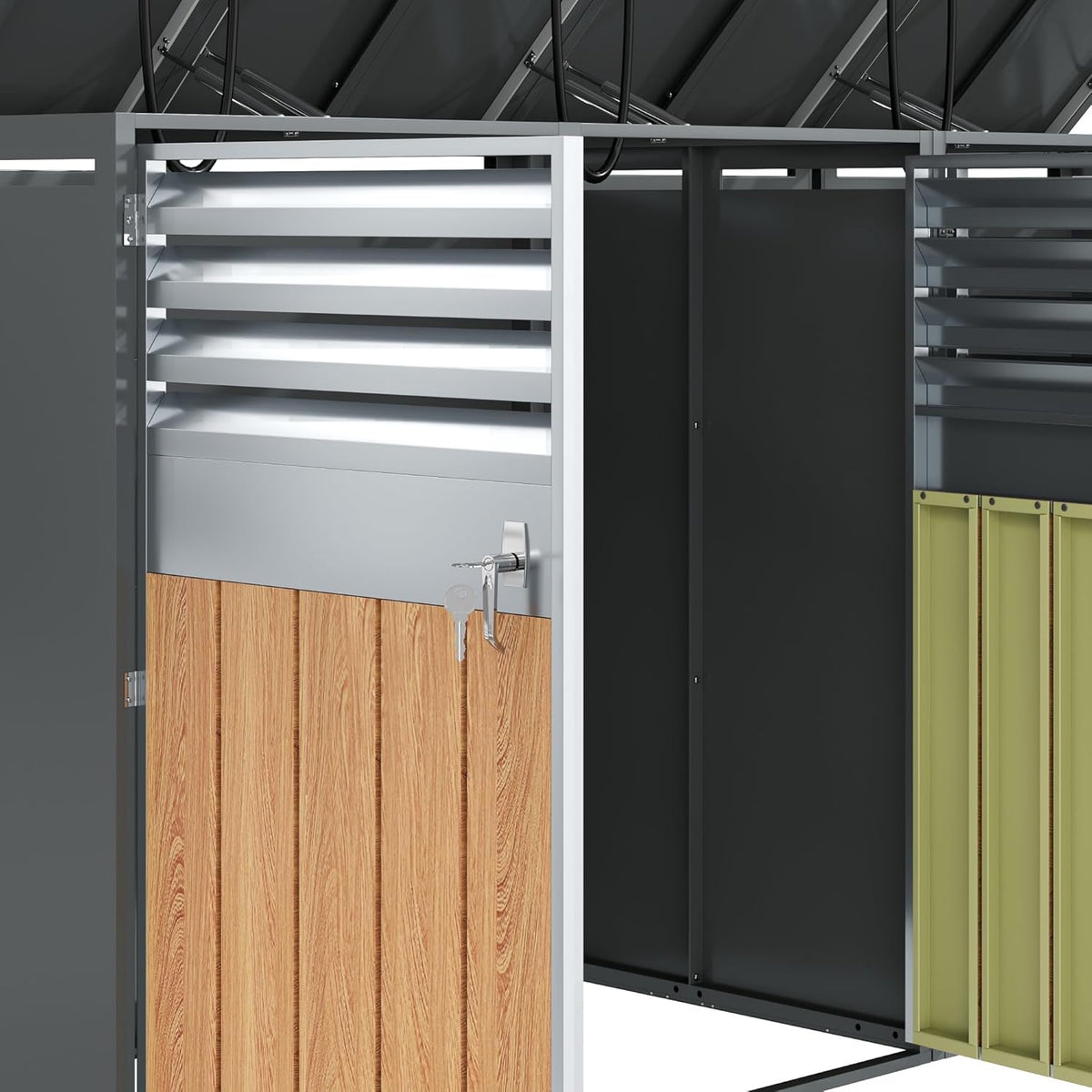 Cubo para 4 contenedores de basura de hasta 240 L con tapa abatible, ventilación con lamas, compartimentos de almacenamiento de basura, cerradura, dos puertas, caseta para jardín, revestimiento para cubos de basura, 4 contenedores