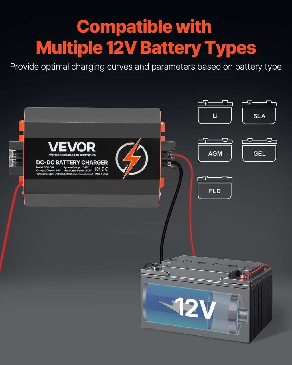 VEVOR Cargador de batería CC a CC 12 V 60 A 750 W para baterías de plomo-ácido, litio, AGM, GEL, fácil de instalar, cargador inteligente multietapa para automóviles, vehículos recreativos, camiones, barcos