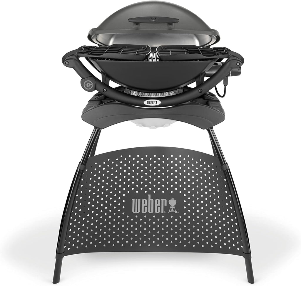 Barbacoa eléctrica Weber Q2400 con soporte y mesas laterales, superficie de cocción de 54 x 39 cm, portátil, parrilla de cocción de hierro fundido vitrificado dividida en 2 partes, tapa y cuerpo de aluminio fundido - Gris oscuro (55020879)