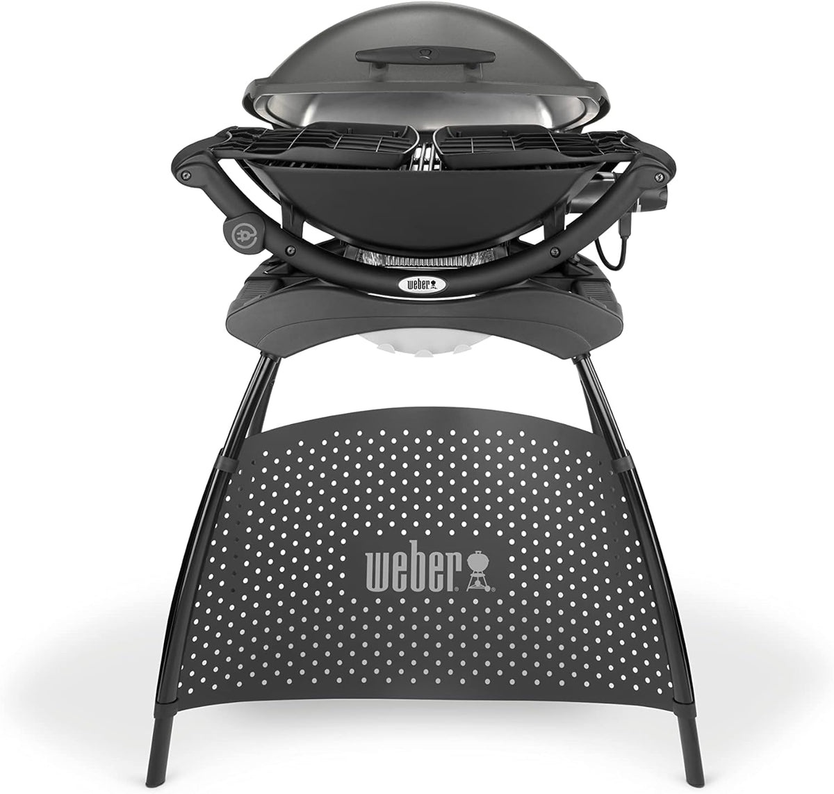 Barbacoa eléctrica Weber Q2400 con soporte y mesas laterales, superficie de cocción de 54 x 39 cm, portátil, parrilla de cocción de hierro fundido vitrificado dividida en 2 partes, tapa y cuerpo de aluminio fundido - Gris oscuro (55020879)