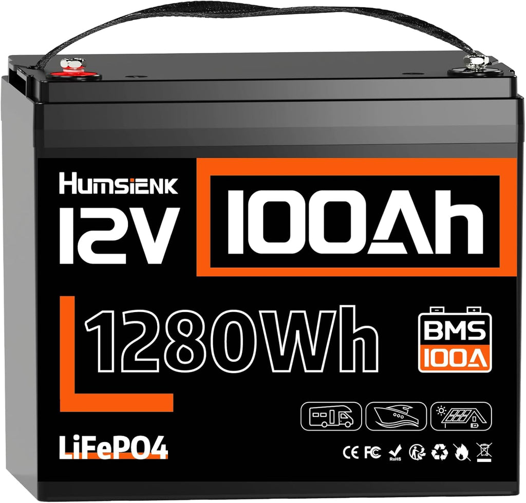 Batería de litio LiFePO4 HumsiENK 12V 100Ah, 1280Wh con BMS inteligente de 100A, 15000 ciclos profundos, 10 años de vida útil, para autocaravanas, energía solar, sistemas aislados y motores.