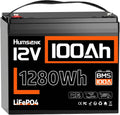 Batería de litio LiFePO4 HumsiENK 12V 100Ah, 1280Wh con BMS inteligente de 100A, 15000 ciclos profundos, 10 años de vida útil, para autocaravanas, energía solar, sistemas aislados y motores.
