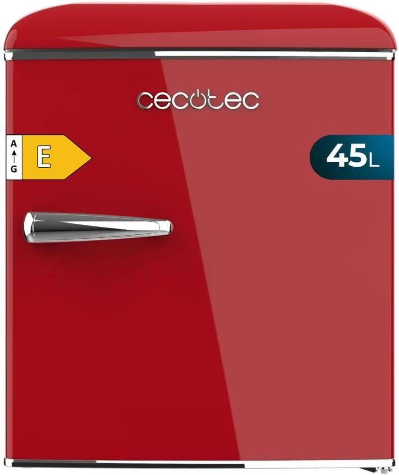 Cecotec Mini lodówka - lodówka retro 45 l Bolero CoolMarket TT Origin 45 Red. 55 cm wysokości i szerokości 44,7 cm, klasa energetyczna E, lodówka i chromowany uchwyt, czerwony