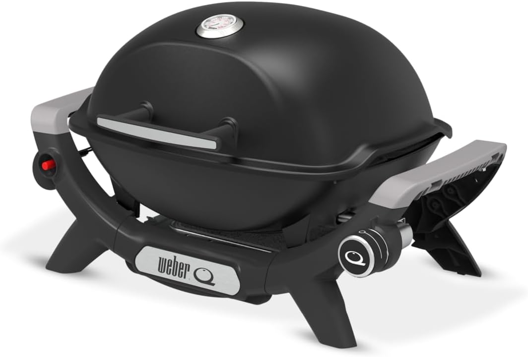 Barbacoa de gas Weber Q 1100N/Barbacoa portátil y ligera para camping, terrazas y balcones con quemador de alto rendimiento, parrillas de hierro fundido vitrificado y encendido electrónico, negro medianoche