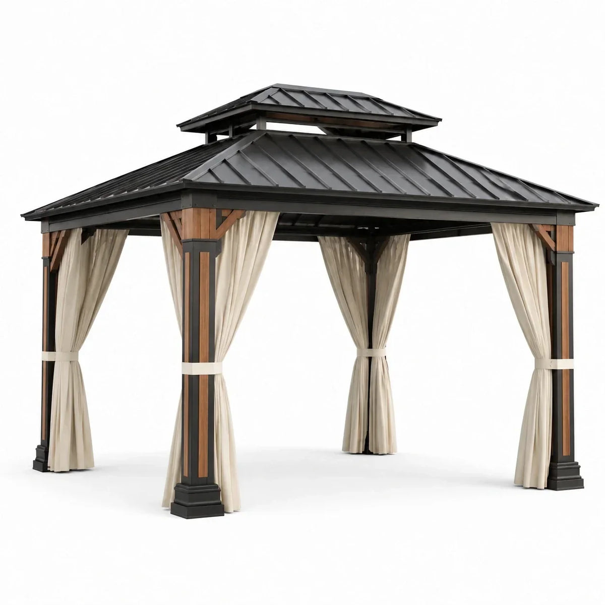 Gazebo de aluminio con aspecto de madera, 3x4 m, con cortinas beige