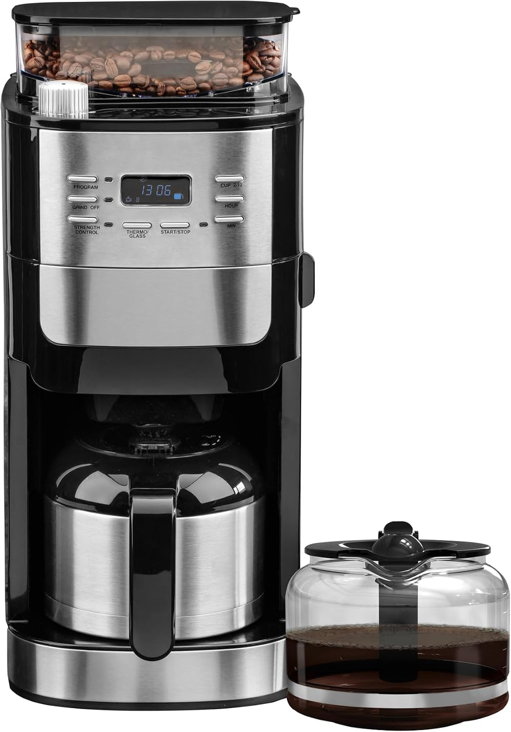 Cafetera de goteo con molinillo y jarra térmica (set 2 en 1) – Cafetera de 1050W para granos enteros y café molido, 12 tazas, temporizador 24h, acero inoxidable