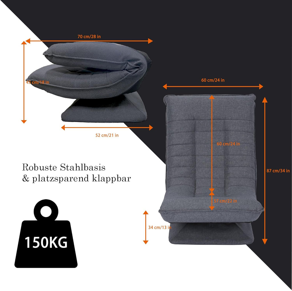 Sillón relax, cómodo sillón de suelo con respaldo ajustable en 4 posiciones, función giratoria de 360°, mecanismo de plegado, acolchado de 13 cm, capacidad de carga de 150 kg para salón o dormitorio (gris)