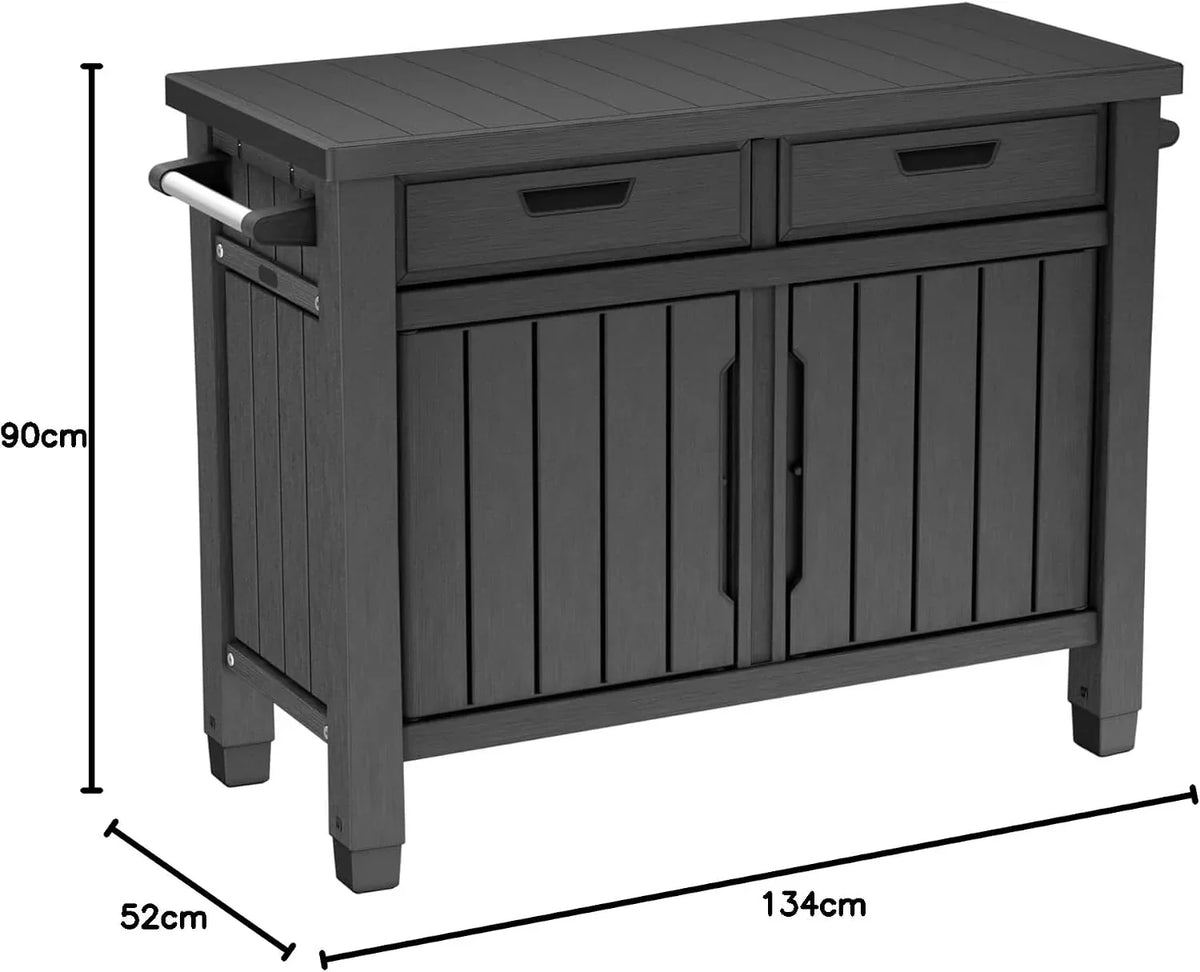 Mesa auxiliar para parrilla de exterior 22634 con 2 cajones, aspecto de madera, resina sintética, espacio de almacenamiento, 124 cm, para jardín y zona de barbacoa