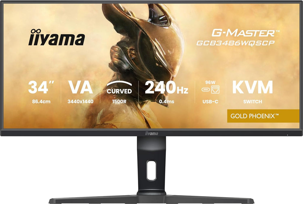 iiyama G-Master Gold Phoenix, VA curvo 1500R, 3440x1440 a 240Hz, 0,4ms, Adaptive Sync, 500cd, altavoces, DP/HDMI 2.1 VRR 2K120FPS, concentrador USB, base USB-C (95W), soporte ajustable, KVM, PC y consola de próxima generación