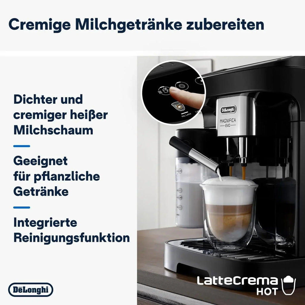 Cafetera superautomática De'Longhi Magnifica Evo ECAM 292.81.B con sistema de leche LatteCrema, 7 botones de selección directa para cappuccino, espresso y otras especialidades de café, función de 2 tazas, negro