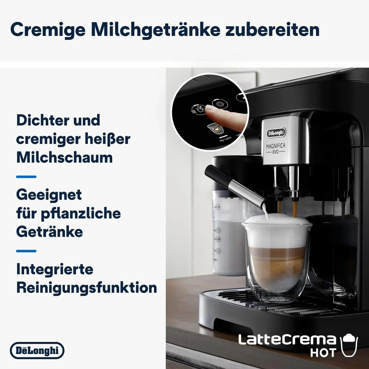 Cafetera superautomática De'Longhi Magnifica Evo ECAM 292.81.B con sistema de leche LatteCrema, 7 botones de selección directa para cappuccino, espresso y otras especialidades de café, función de 2 tazas, negro