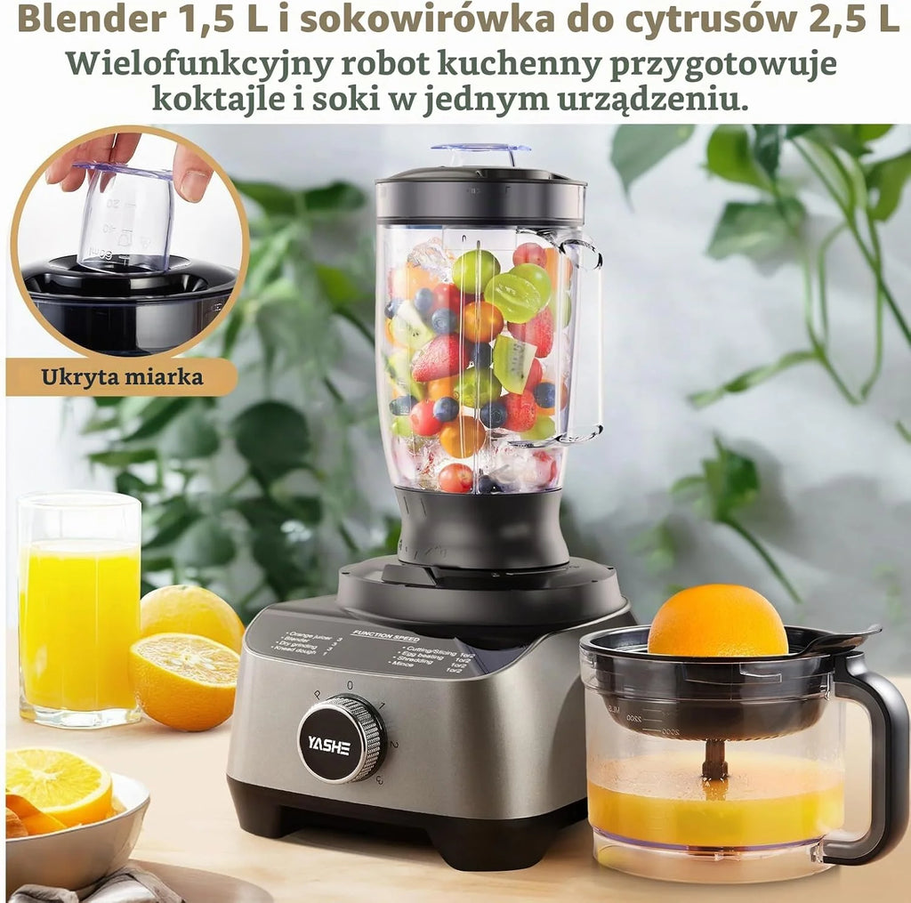 YASHE Wielofunkcyjny robot kuchenny 11 w 1, blender, mikser, rozdrabniacz, sokowirówka i maszyna do ciasta z miską 2,5 l i pojemnikiem do miksowania 1,5 l, 1300 W, 3-biegowy, funkcja pulsu, blokada