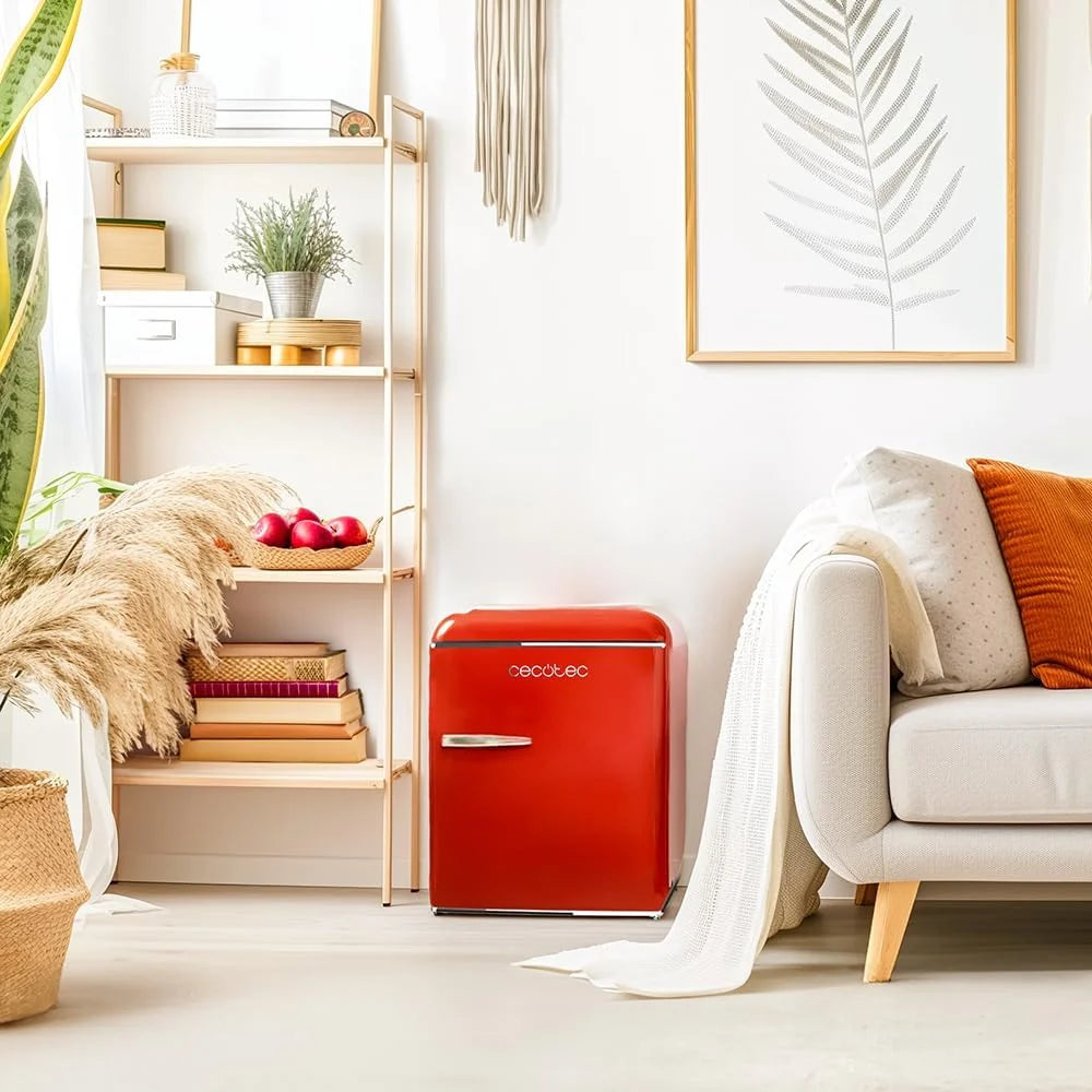 Cecotec Mini lodówka - lodówka retro 45 l Bolero CoolMarket TT Origin 45 Red. 55 cm wysokości i szerokości 44,7 cm, klasa energetyczna E, lodówka i chromowany uchwyt, czerwony