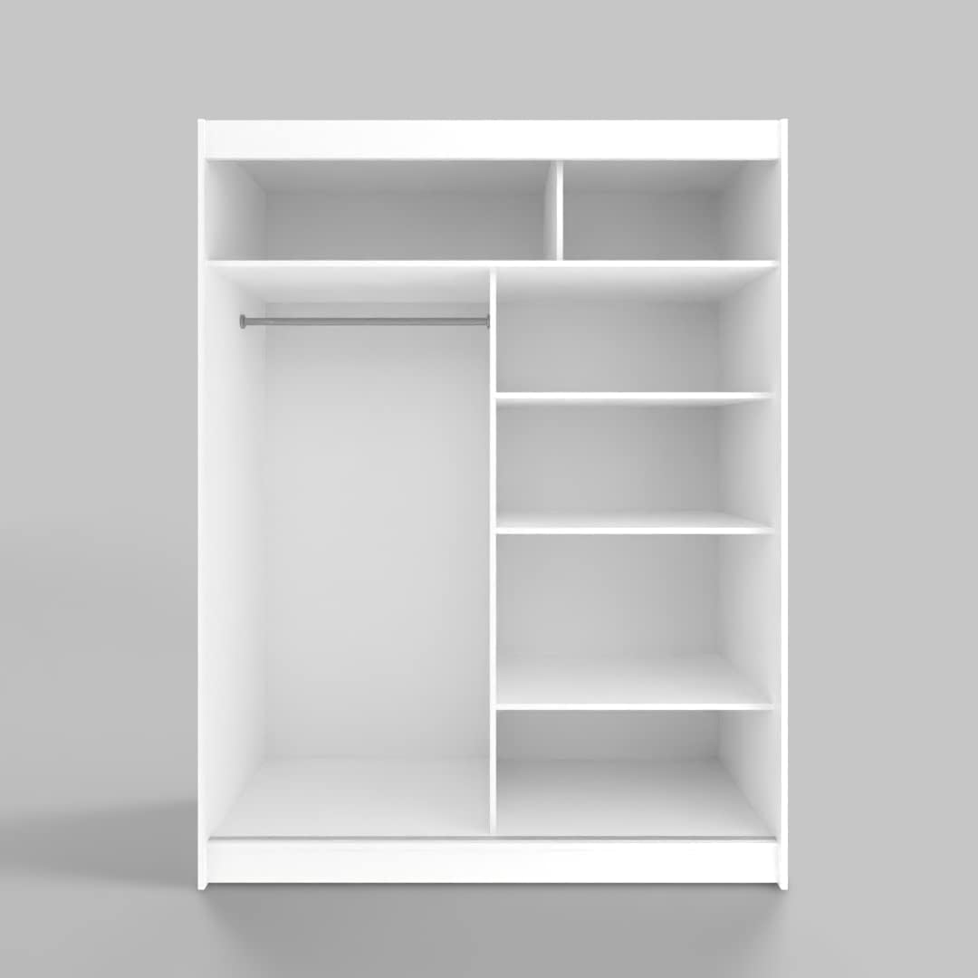 Armario corredero ML Furniture de 150 cm con espejo, armario para dormitorio, armario multiusos para salón - 150 x 200 x 58 cm; color: blanco, armario de puertas correderas