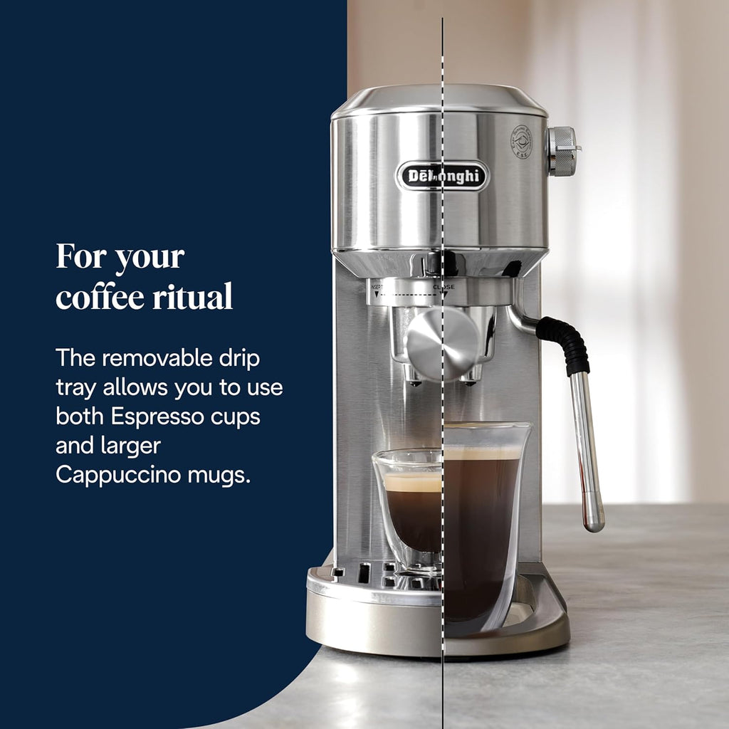 De'Longhi Dedica Duo - Cafetera de espresso de brazo compacta y perfecta con iconos táctiles, espumador de leche manual para espresso, capuchino y cold brew, 15 cm de ancho, metal (EC890.M)