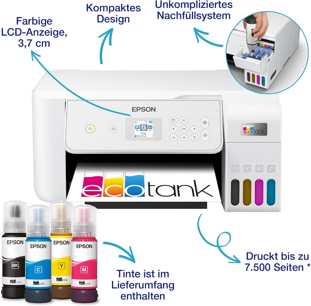 Impresora multifunción de inyección de tinta Wi-Fi Epson EcoTank ET-2826 A4, con un suministro de tinta incluido de hasta 3 años