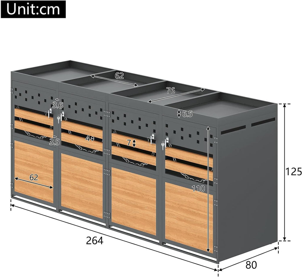 Cubo para 4 contenedores de basura, revestimiento con techo ajardinado para cubos de 120-240 litros, puertas con cerradura, caja de almacenamiento para jardín de acero galvanizado inoxidable, antracita, 264 x 80 x 125 cm