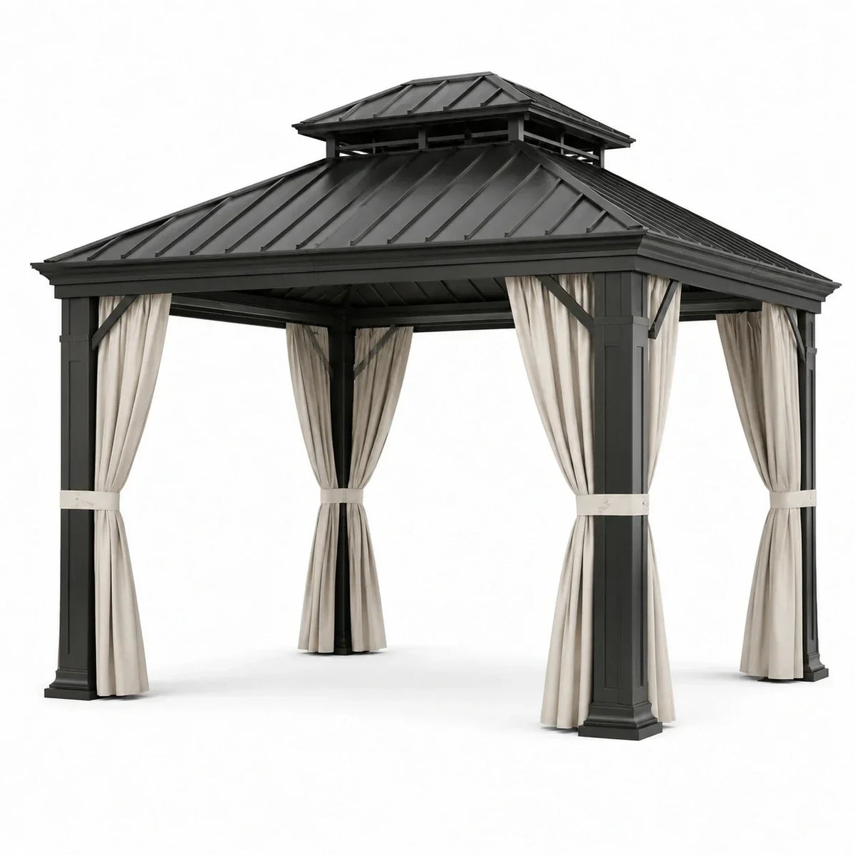 Pabellón de jardín de aluminio negro con cortinas de poliéster