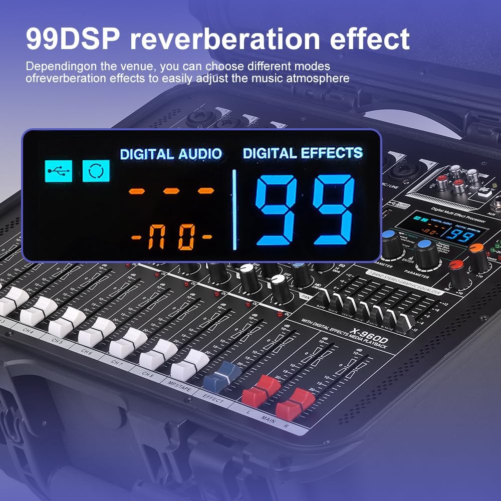 Mesa de mezclas autoamplificada profesional de 8 canales X-960D con amplificador de alta potencia, consola de sonido todo en uno para altavoces pasivos de 15", 99 efectos DSP, ecualizador gráfico de 7 bandas, Bluetooth/USB, alimentación phantom de 48 V