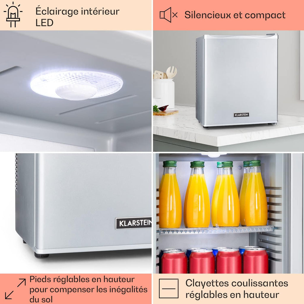 KLARSTEIN Petit refrigerador de habitación de 23L para aperitivos y bebidas, mininevera silenciosa, minibar, nevera de camping, refrigerador para cosméticos, refrigerador con estantes ajustables, 5-15°C