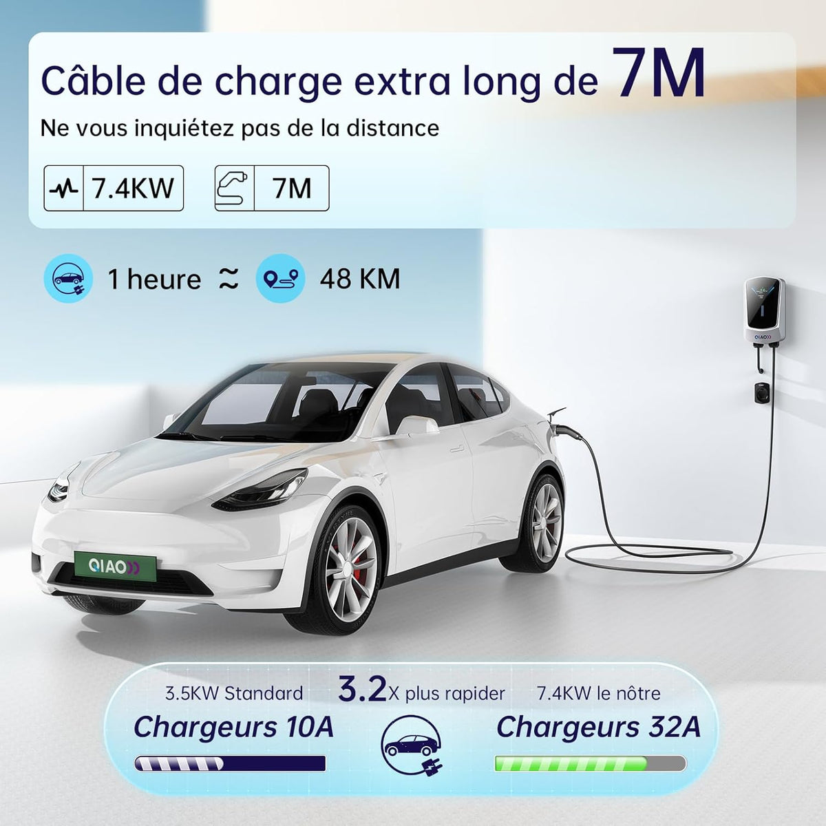 QIAO)) Cargador de vehículo eléctrico de 7,4 kW tipo 2 con cable de carga de 7 m, aplicación inteligente, pantalla LCD de 4,3", estación de carga para coche eléctrico de hasta 32 A, cargador tipo wallbox para montaje en pared con soporte para cable EV