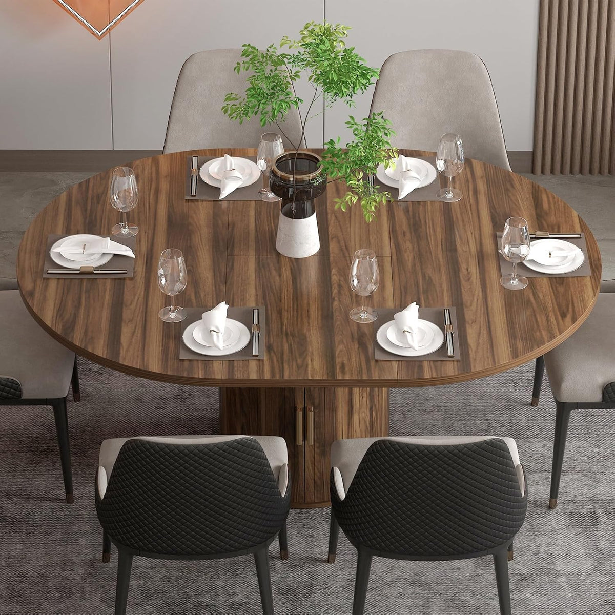 Mesa de comedor extensible, mesa de comedor redonda con base de madera, extensible a ovalada, mesa de cocina moderna para 4-6 personas, marrón rústico, base de pedestal
